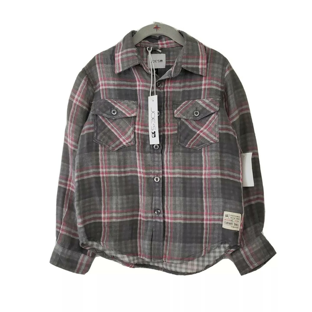 JOES JEANS Kids Girls 5 100% Cotton Button Up Flannel Plaid The Shirt Gray Pink